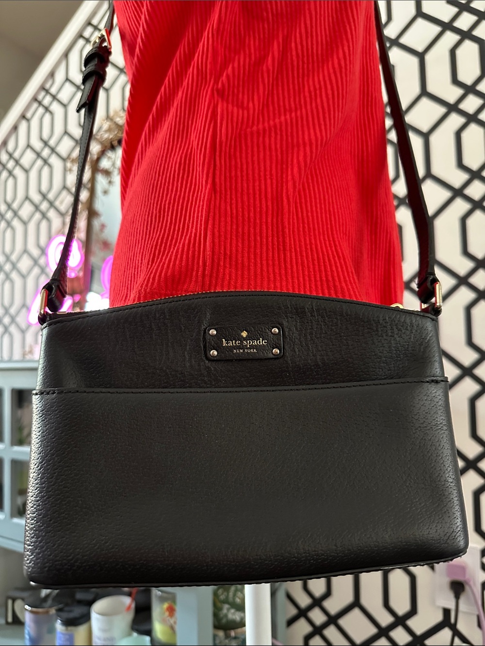 kate spade Black Leather Crossbody with Gold Plaque